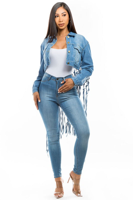 Plus Size Denim Jacket with Back Tassels