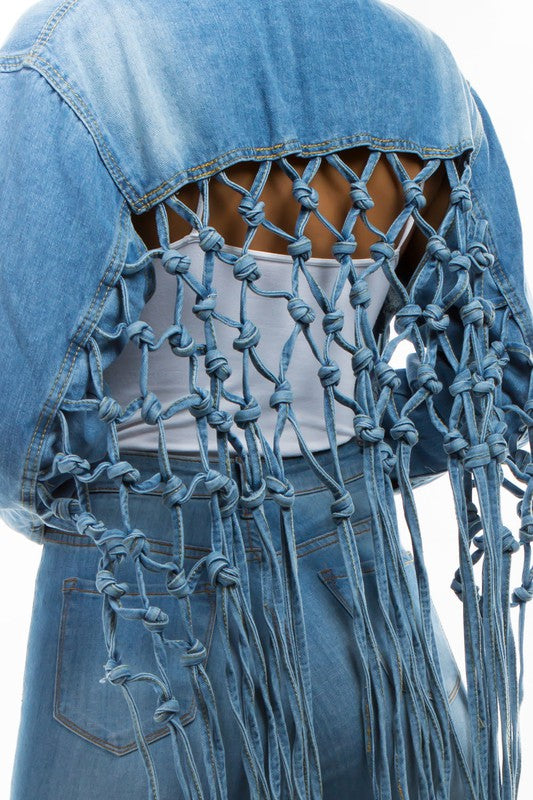 Plus Size Denim Jacket with Back Tassels