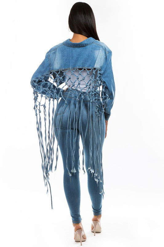 Plus Size Denim Jacket with Back Tassels