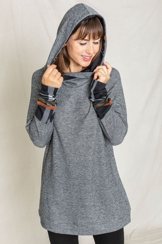 Cozy Plaid Trim Hooded Tunic