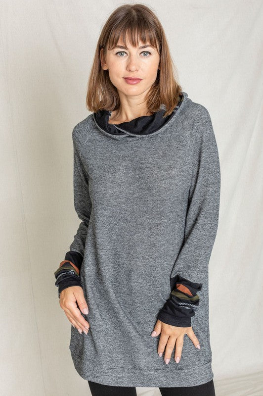 Cozy Plaid Trim Hooded Tunic