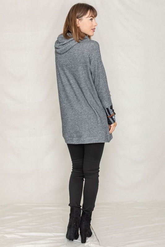 Cozy Plaid Trim Hooded Tunic