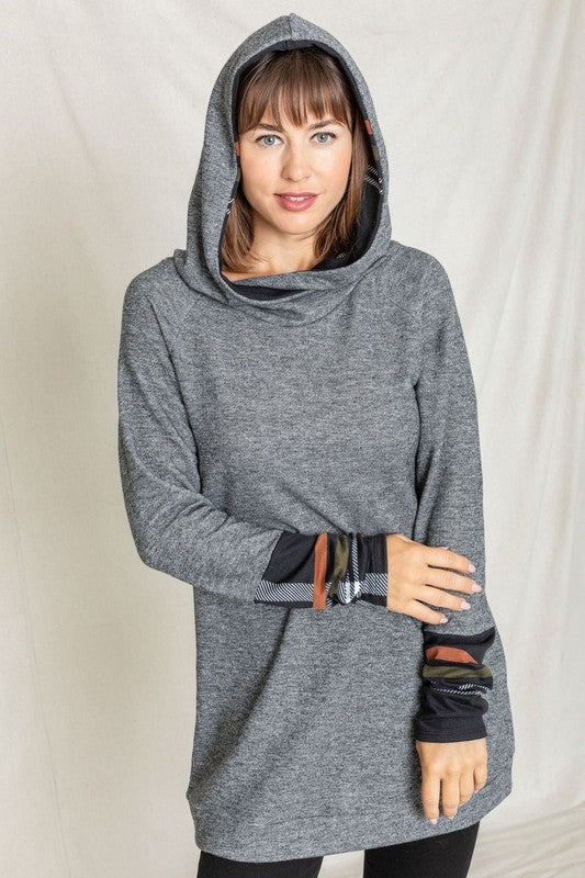 Cozy Plaid Trim Hooded Tunic