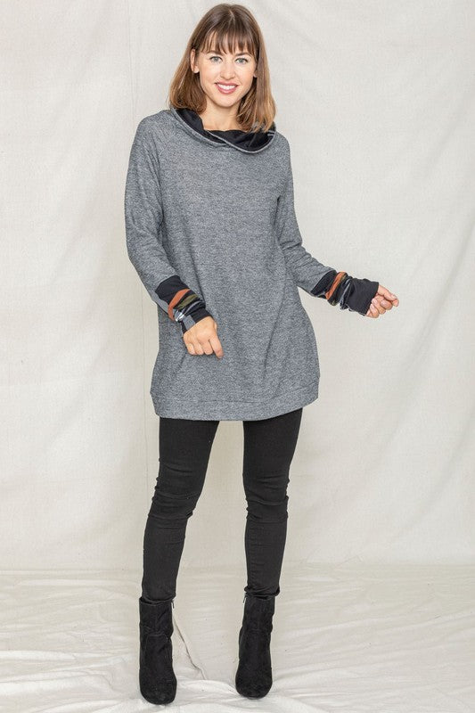Cozy Plaid Trim Hooded Tunic
