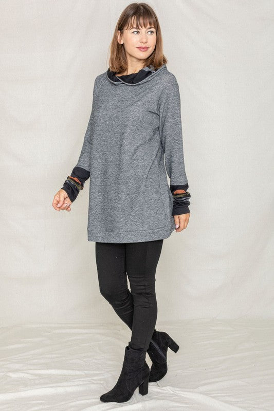Cozy Plaid Trim Hooded Tunic