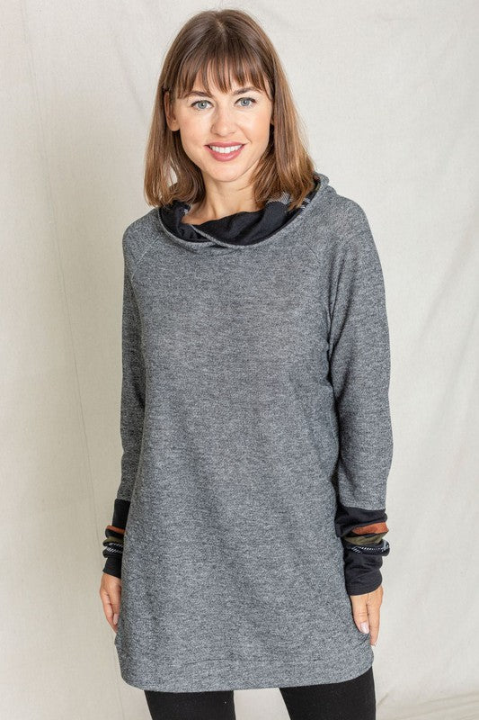 Cozy Plaid Trim Hooded Tunic