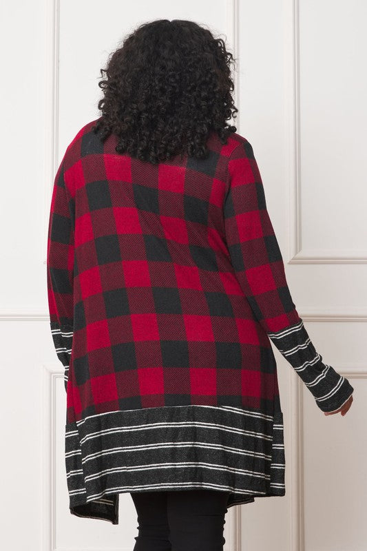 Buffalo Check Open Cardigan with Stripe Trim