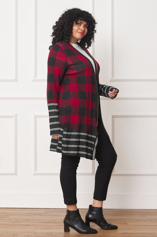 Buffalo Check Open Cardigan with Stripe Trim