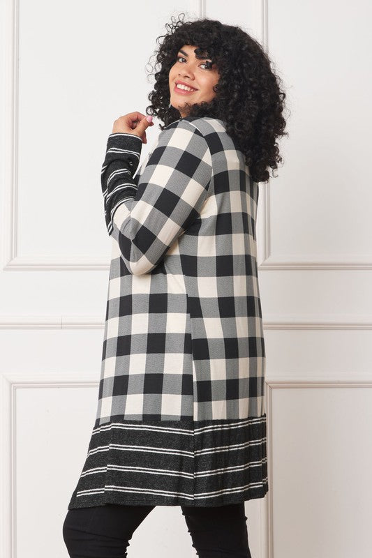 Buffalo Check Open Cardigan with Stripe Trim