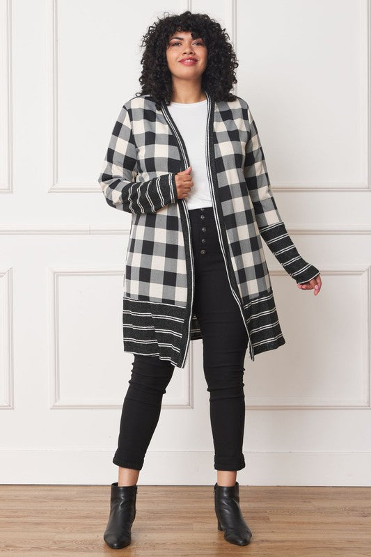 Buffalo Check Open Cardigan with Stripe Trim