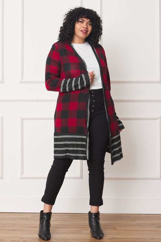 Buffalo Check Open Cardigan with Stripe Trim