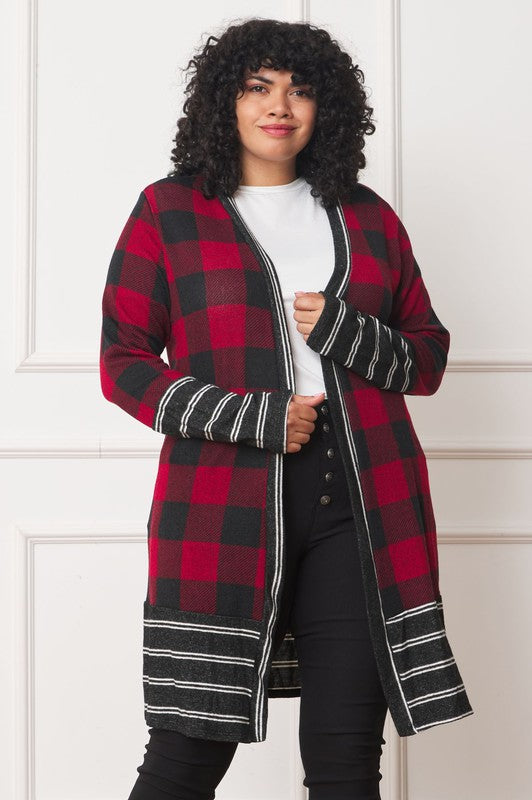 Buffalo Check Open Cardigan with Stripe Trim