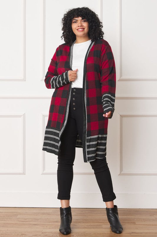 Buffalo Check Open Cardigan with Stripe Trim