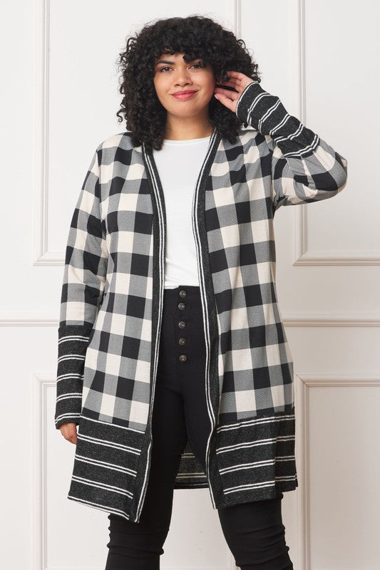 Buffalo Check Open Cardigan with Stripe Trim