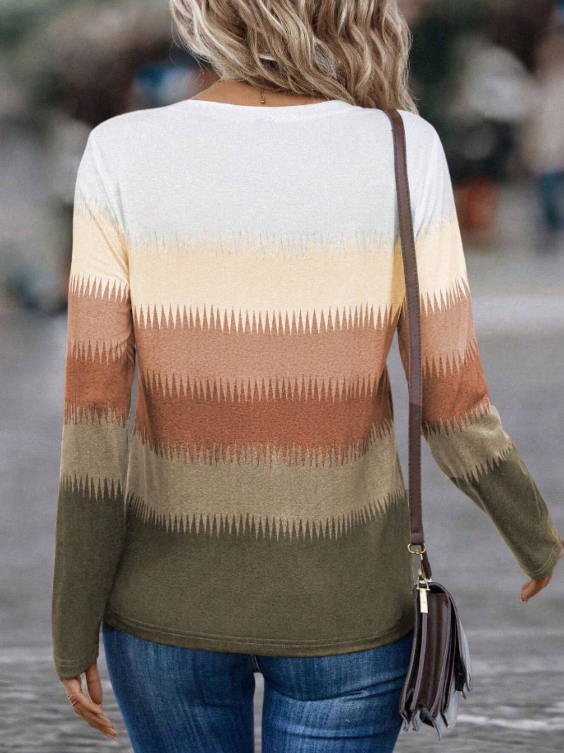 Decorative Button Contrast Round Neck Long Sleeve Top