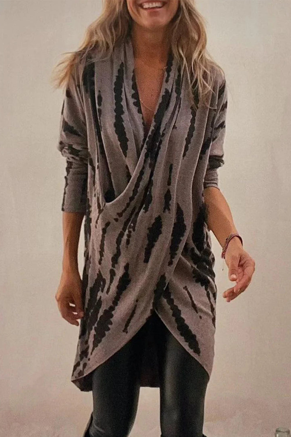 Taupe Full Size Contrast Long Sleeve Longline Top