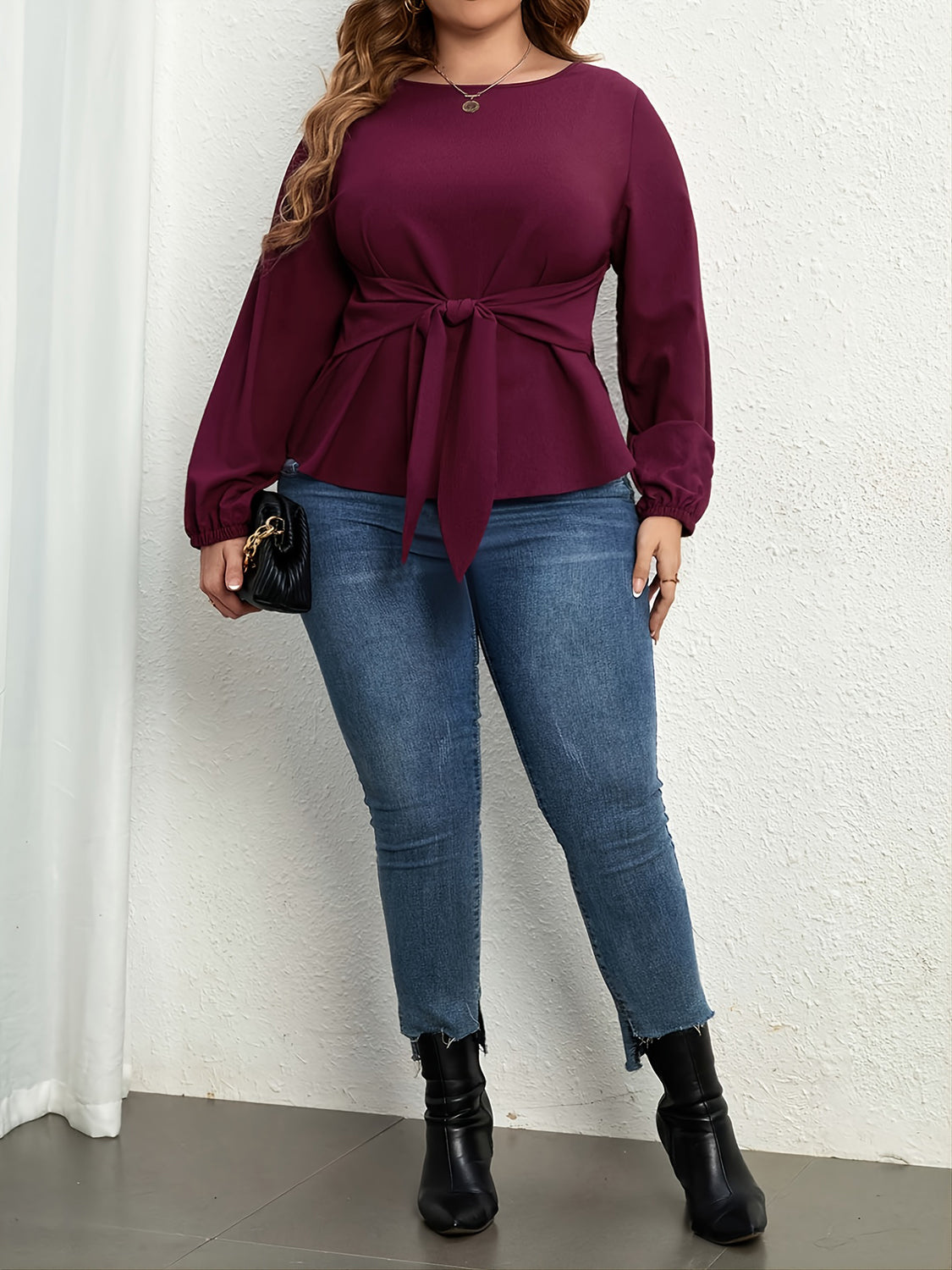 Plus Size Front Tie Long Sleeve Top
