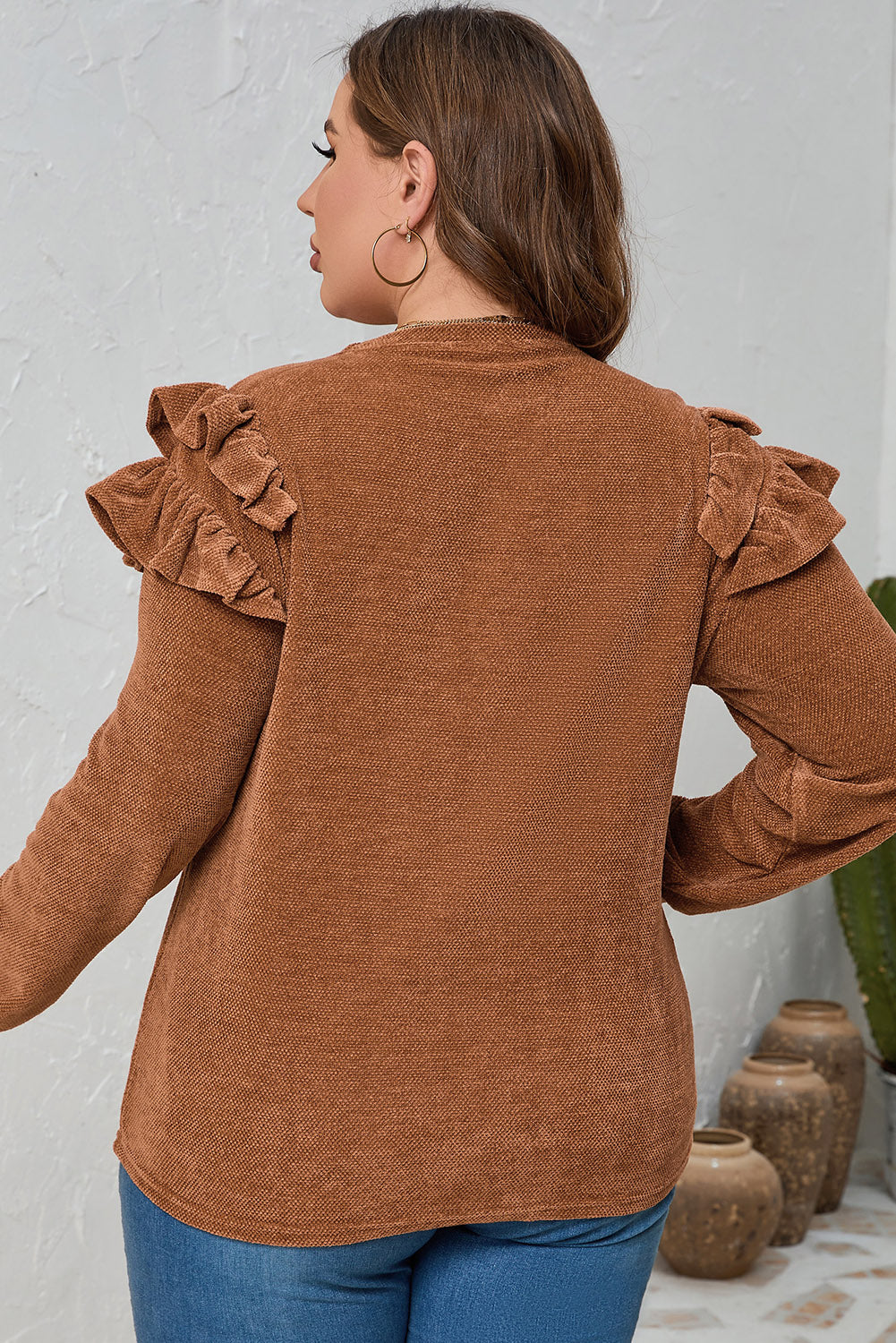 Plus Size Ruffled Round Neck Long Sleeve Top