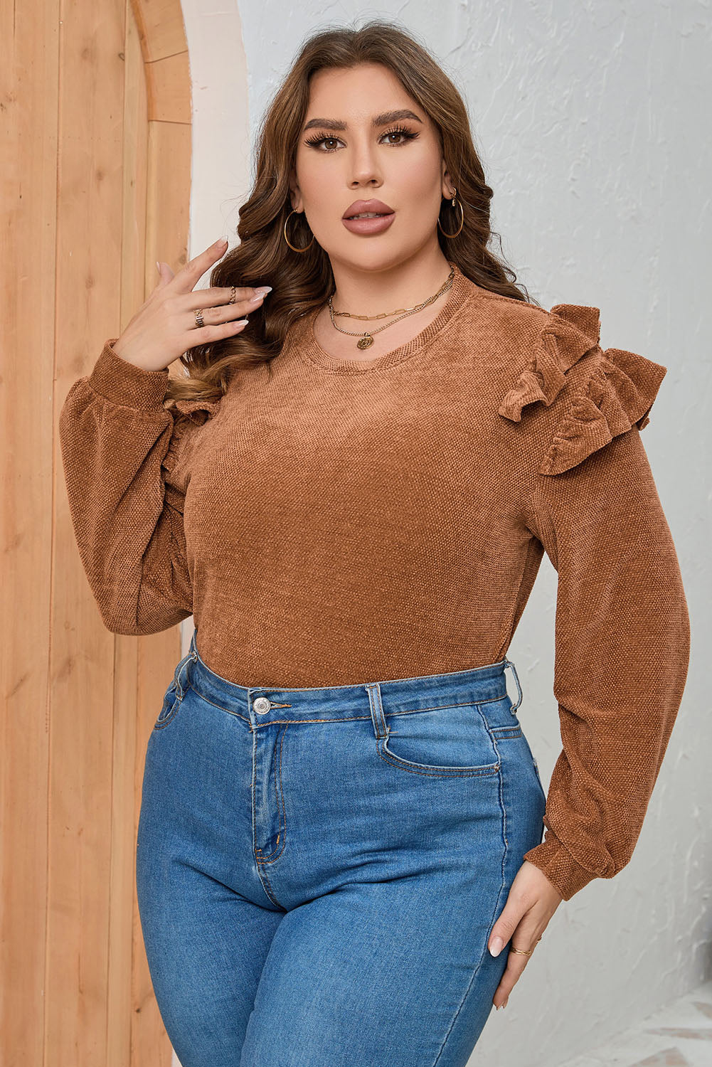 Plus Size Ruffled Round Neck Long Sleeve Top