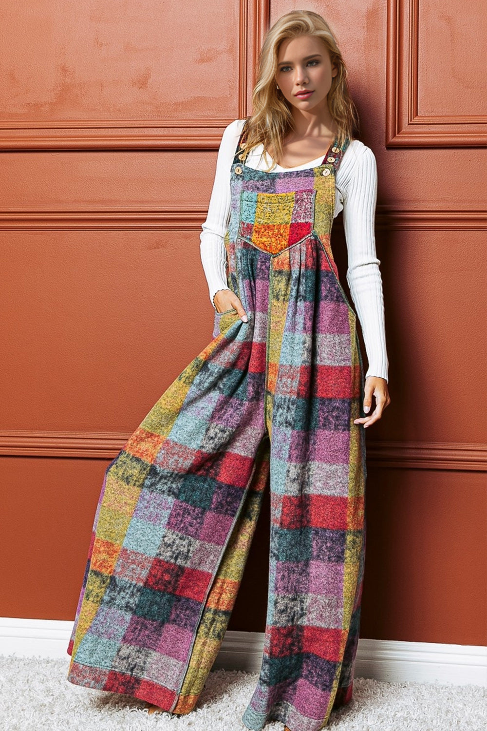 Plus Size Double Take Plaid Fleece Wide Leg Jumpsuit