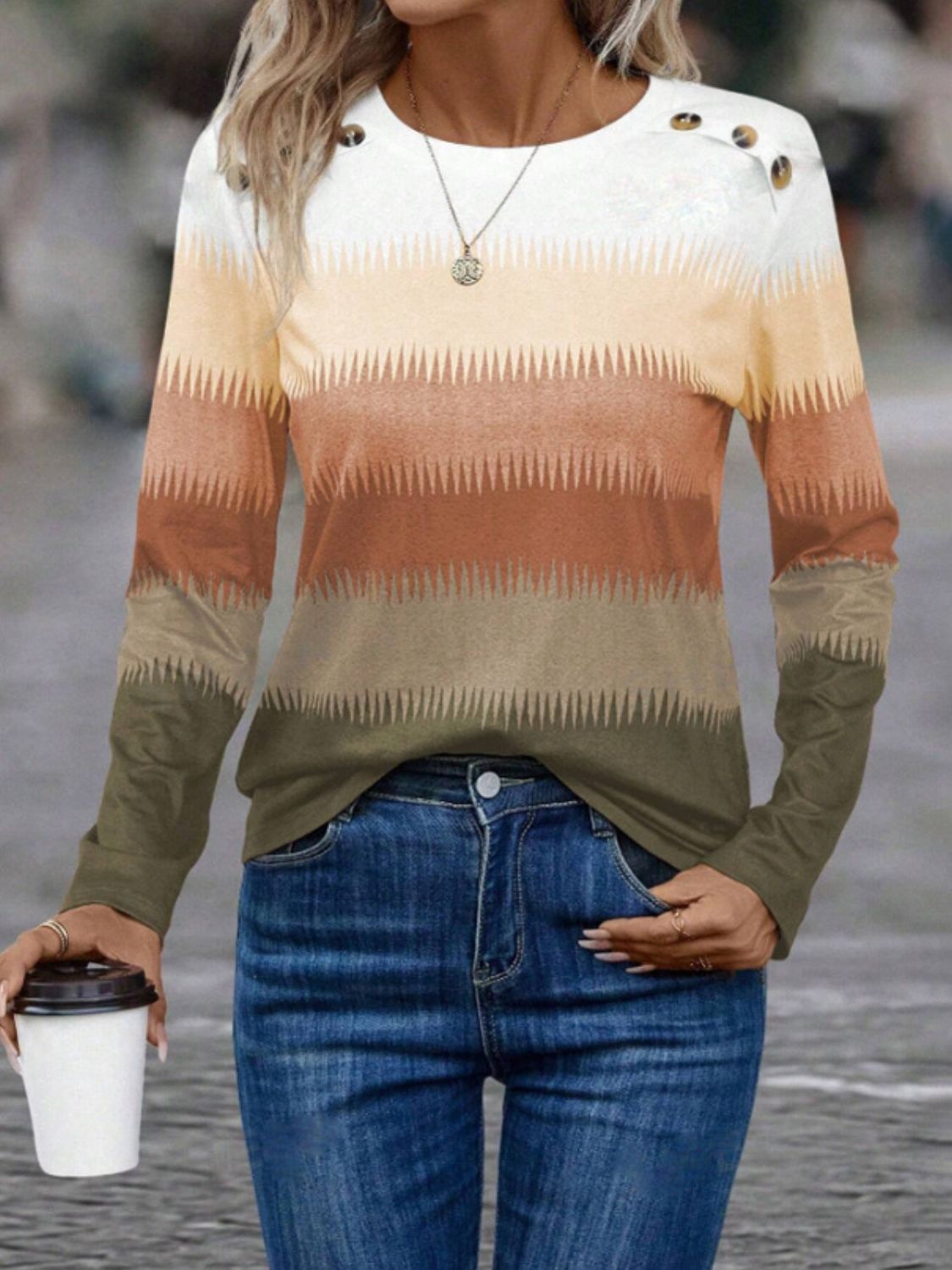 Decorative Button Contrast Round Neck Long Sleeve Top