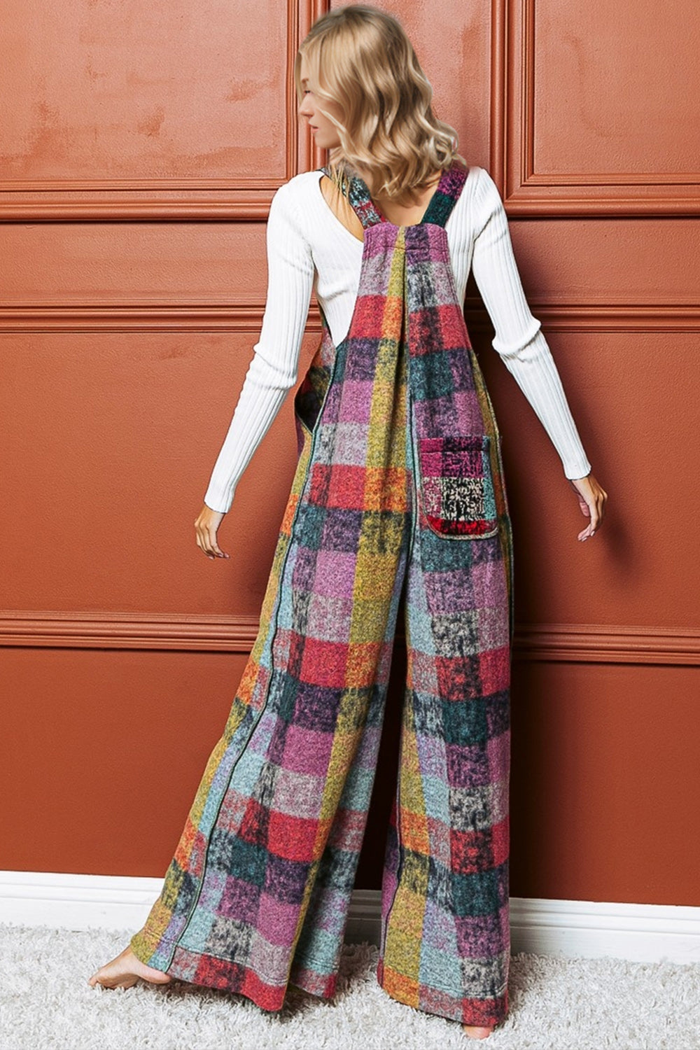 Plus Size Double Take Plaid Fleece Wide Leg Jumpsuit