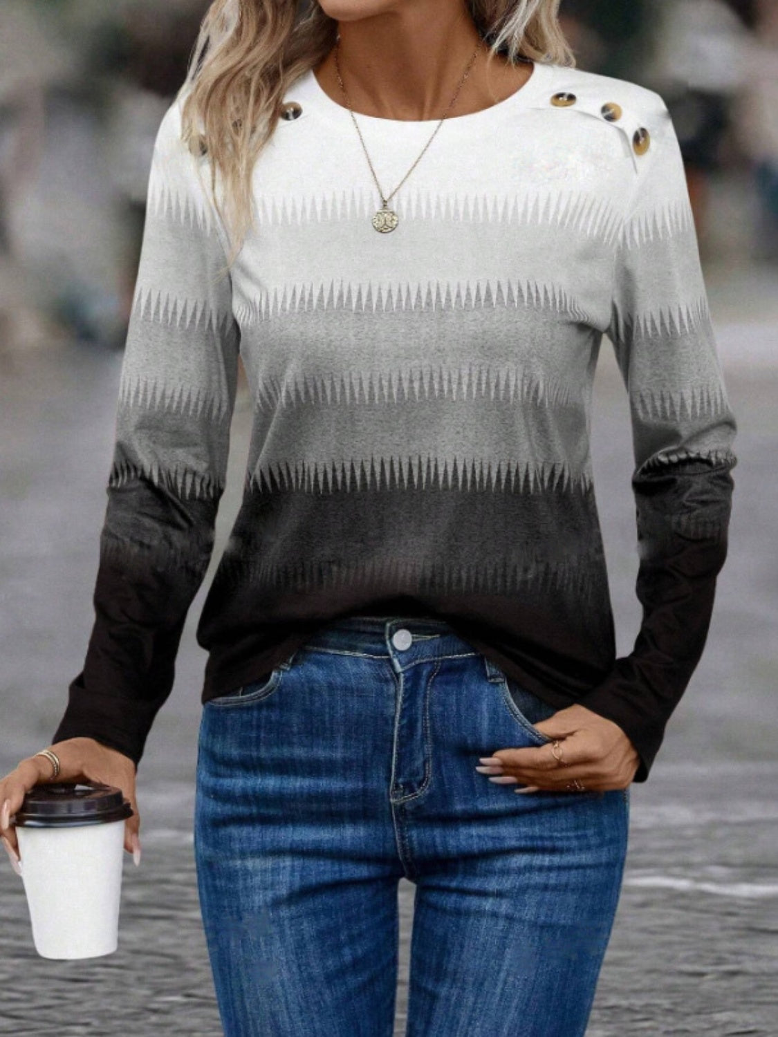 Decorative Button Contrast Round Neck Long Sleeve Top