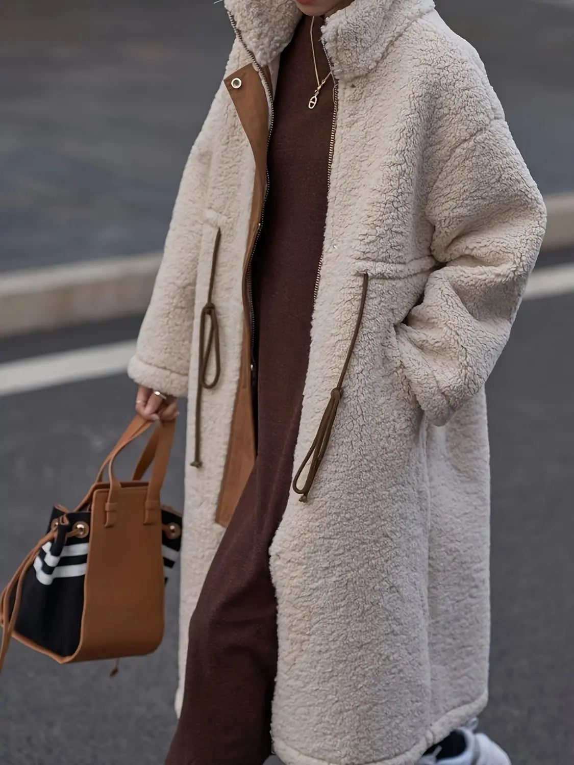 Plus Size Drawstring Sherpa Coat