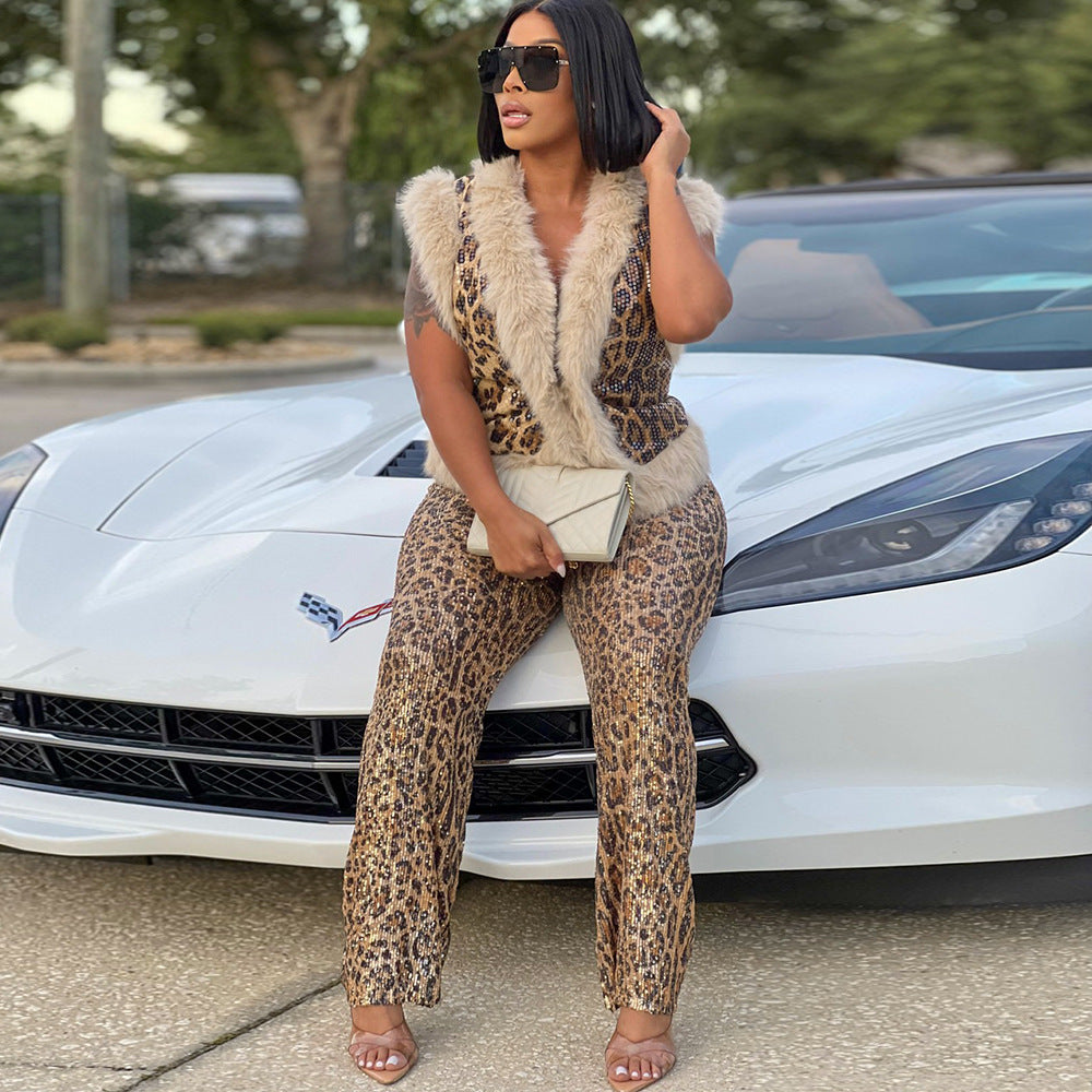Women's Casual Leopard Print Sequined Two-piece Suit