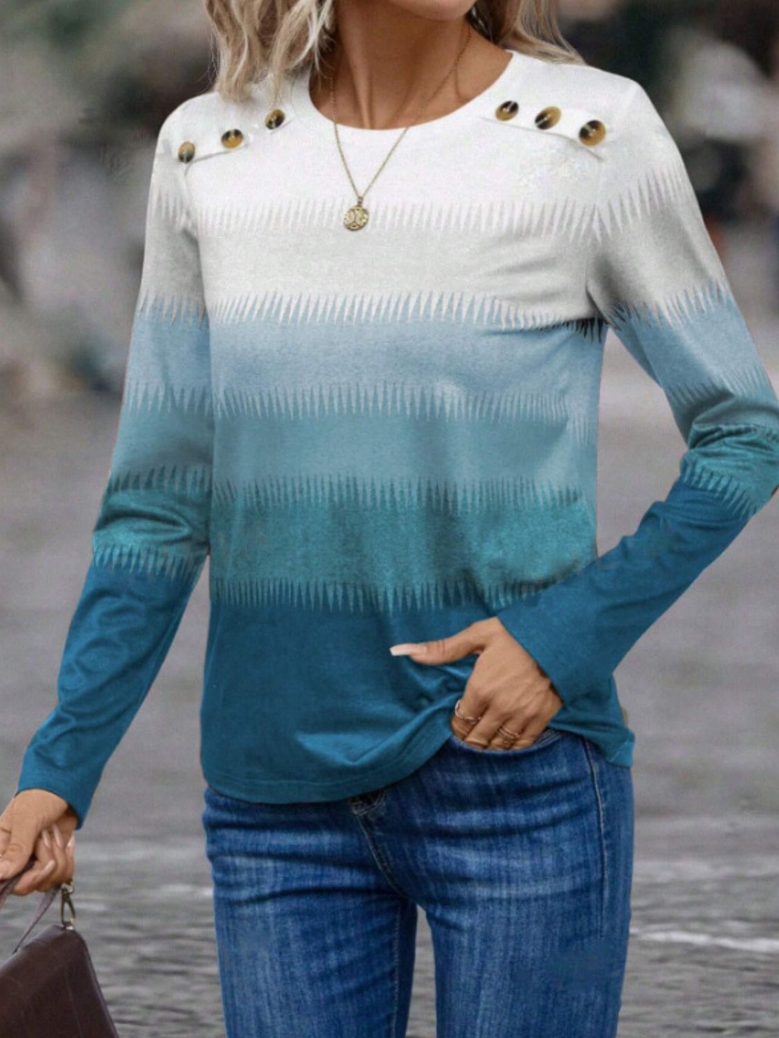 Decorative Button Contrast Round Neck Long Sleeve Top