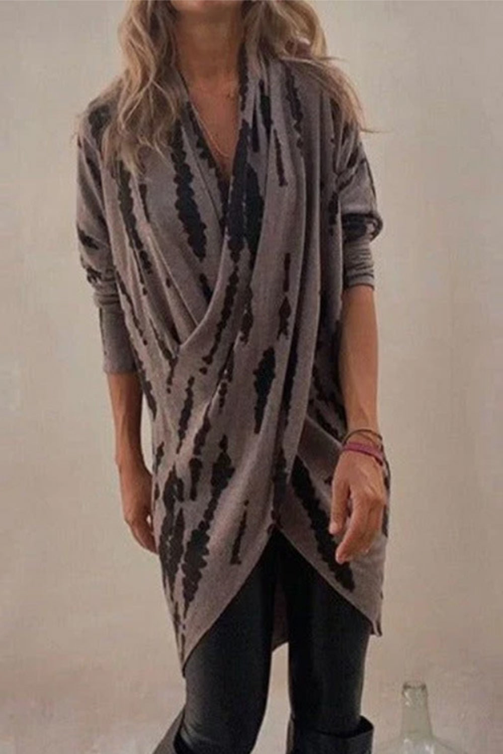 Taupe Full Size Contrast Long Sleeve Longline Top