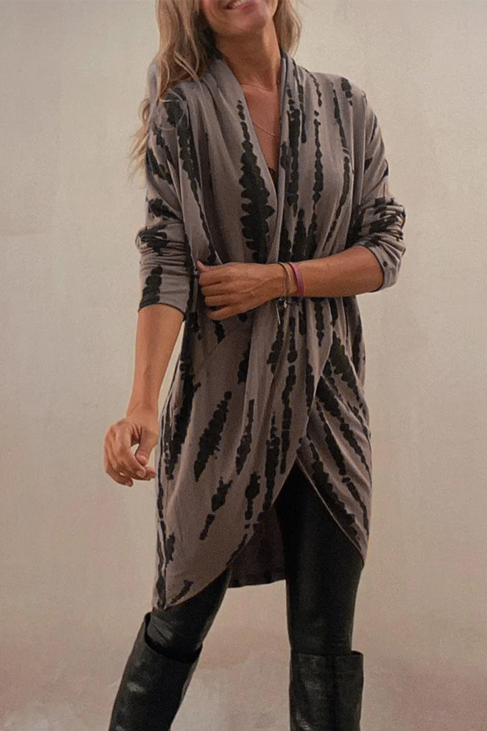 Taupe Full Size Contrast Long Sleeve Longline Top