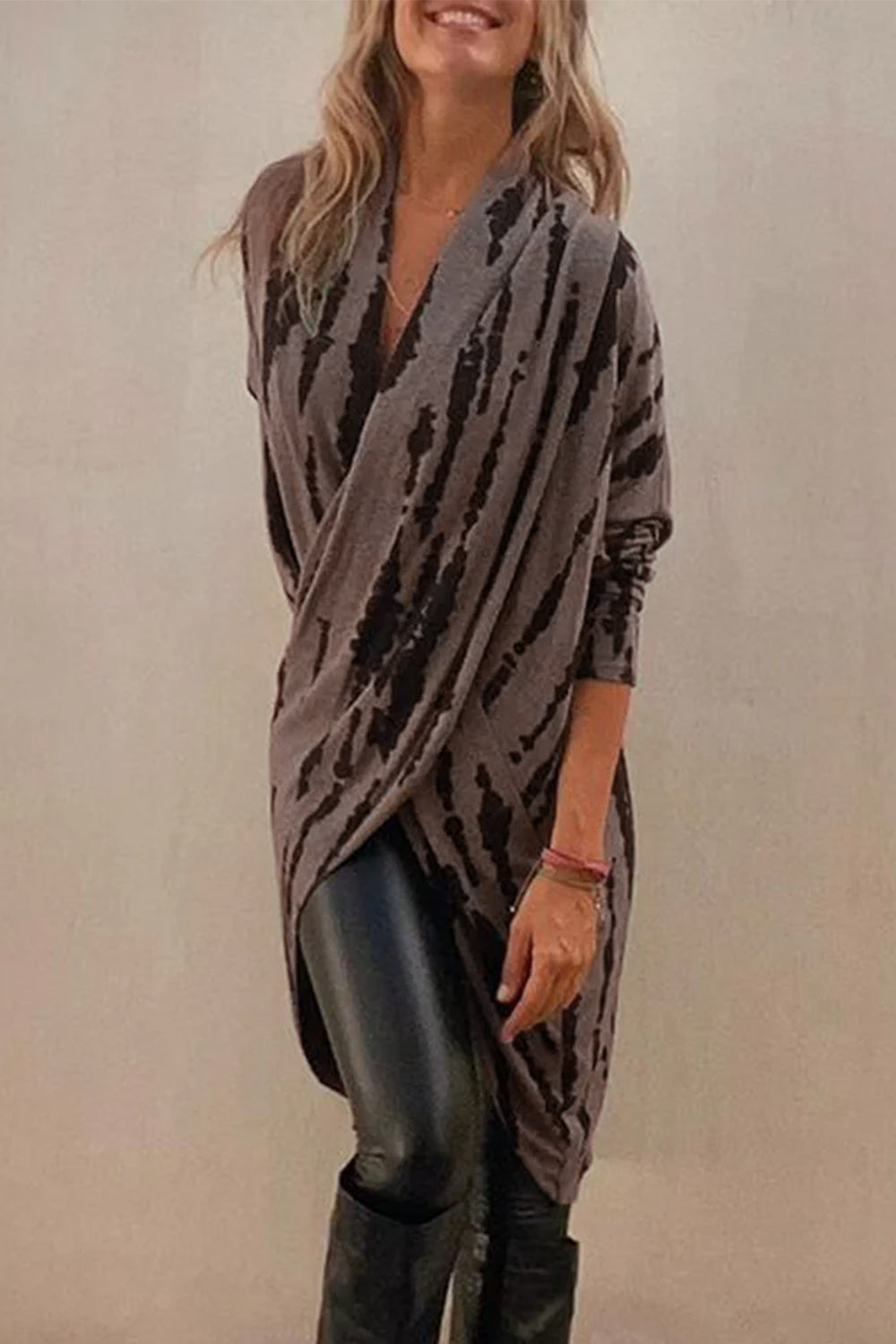 Taupe Full Size Contrast Long Sleeve Longline Top