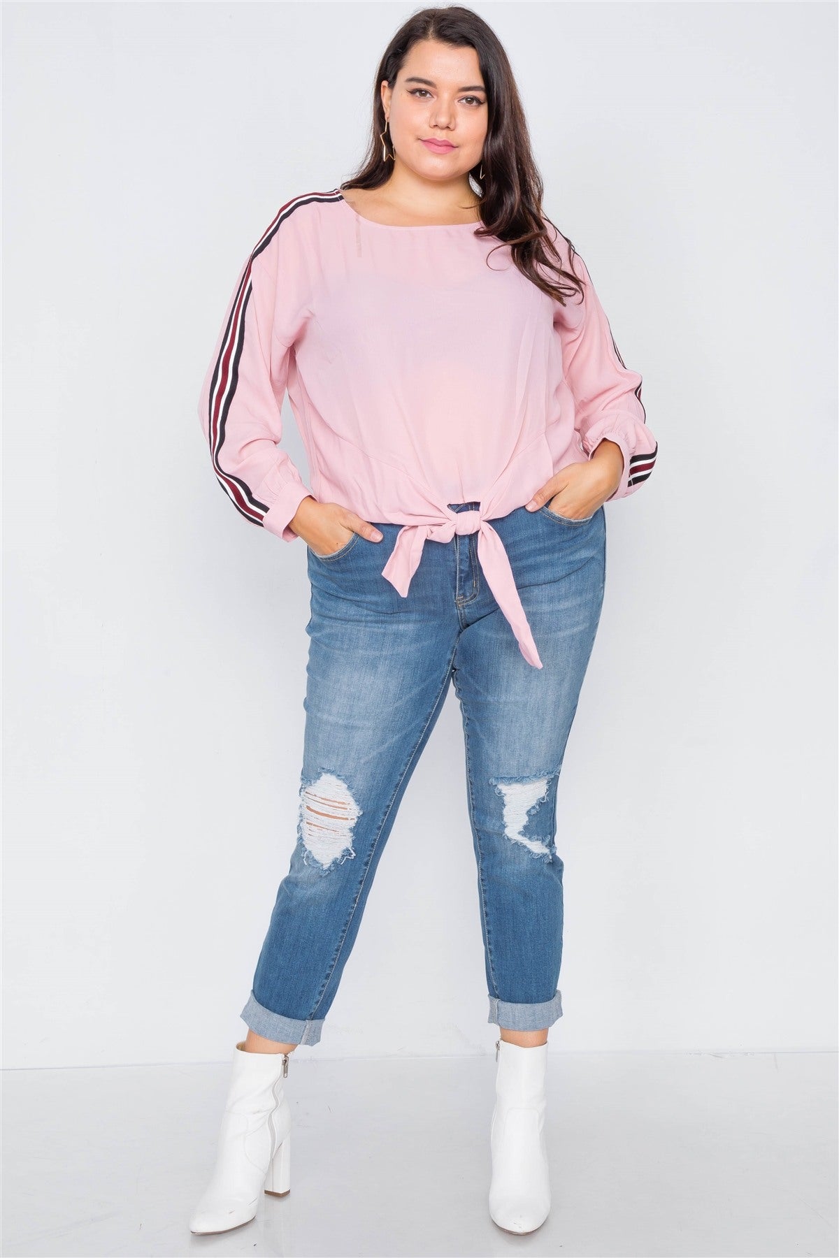Plus Size Color Block Sleeve Sheer Top