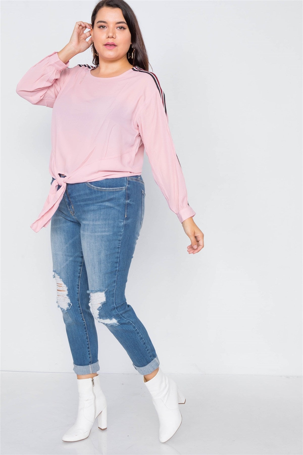 Plus Size Color Block Sleeve Sheer Top