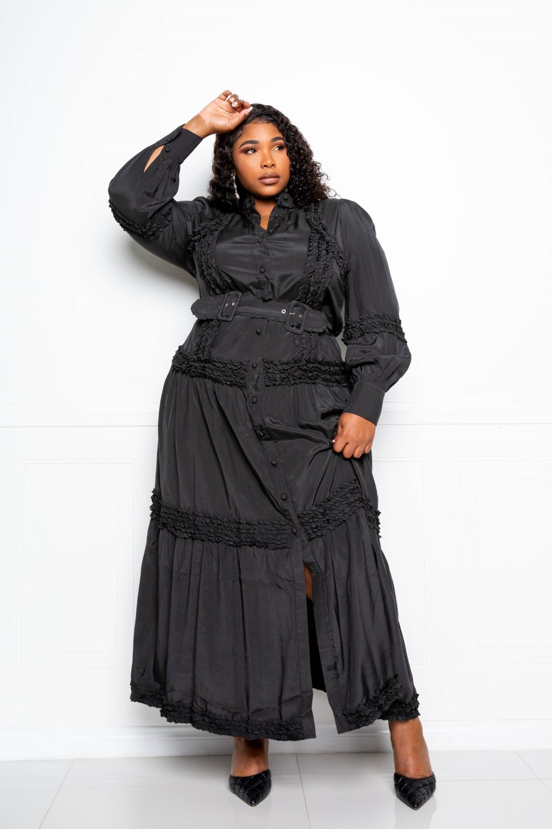 Plus Sized Belted Shirt Dress with Ruffle Detail