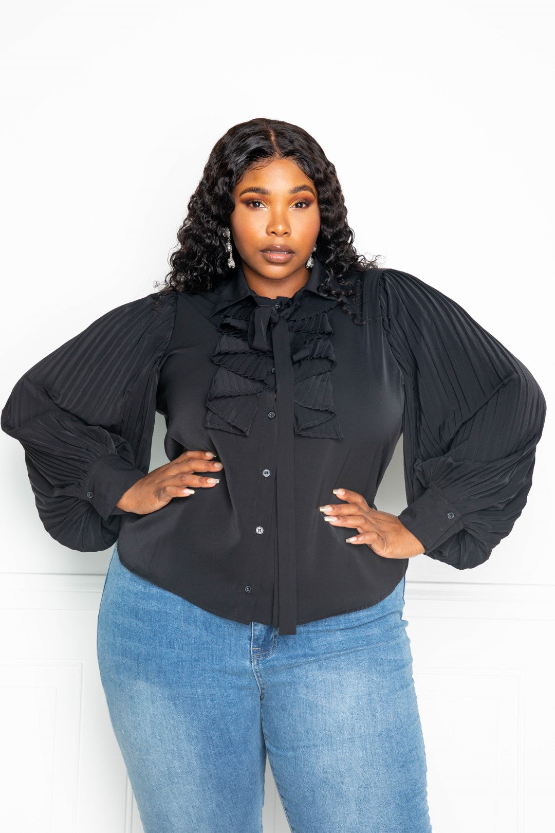 Plus Size Pleated Waterfall Frill and Bow Blouse