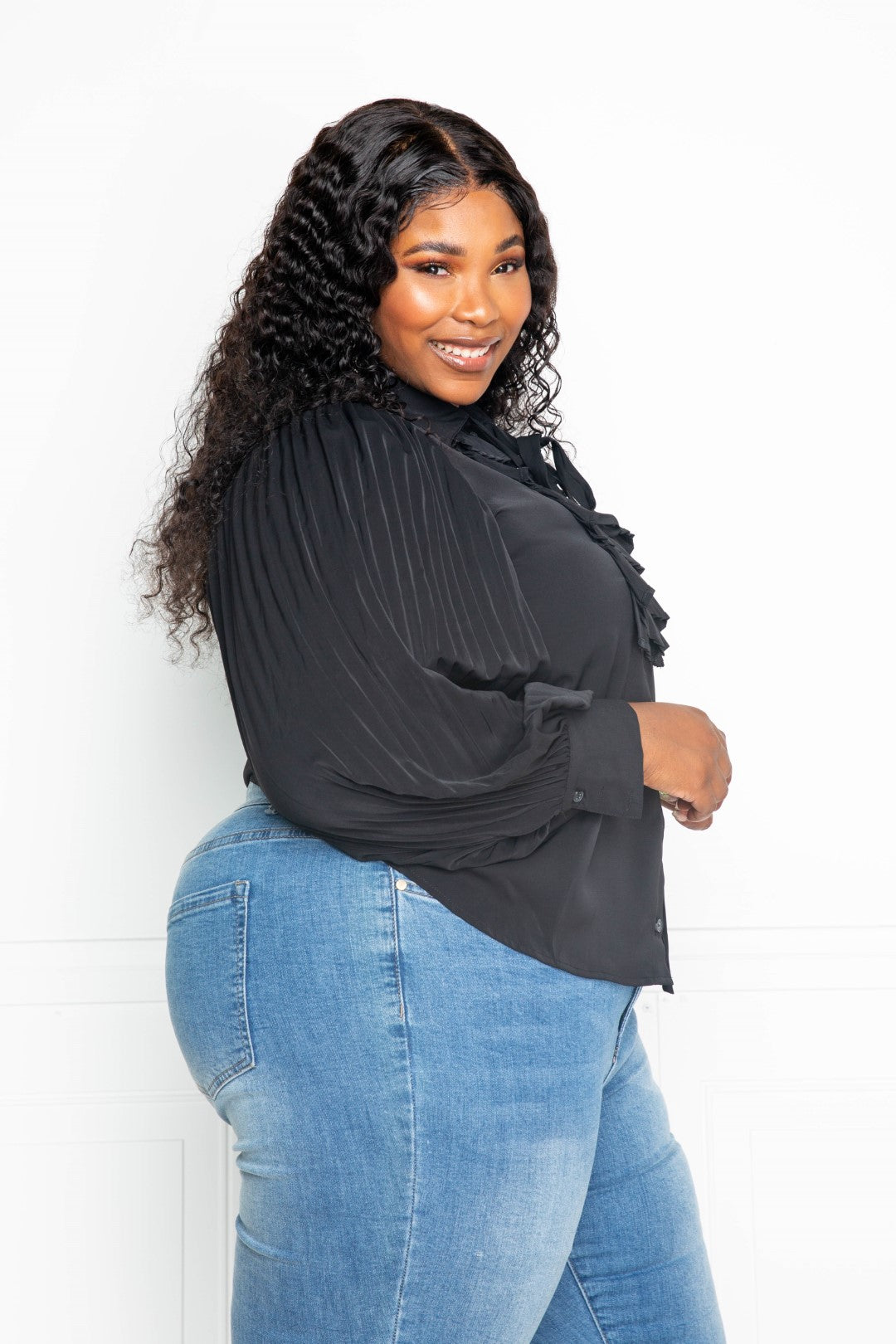 Plus Size Pleated Waterfall Frill and Bow Blouse