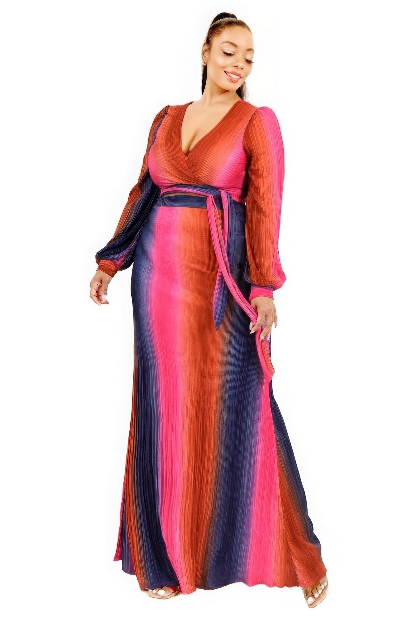Plus Size Gradient Stripe Two Piece Maxi Skirt Set