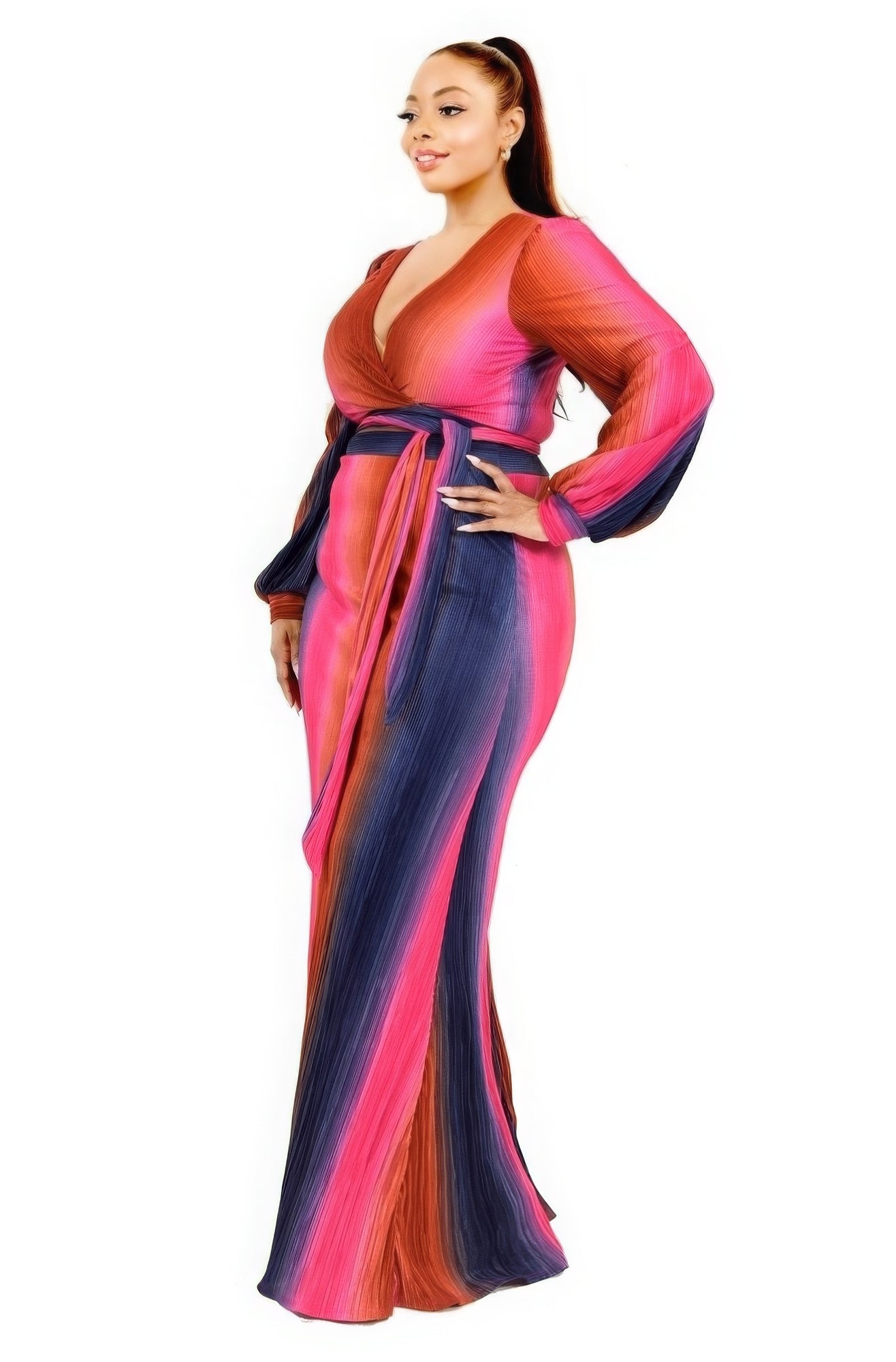 Plus Size Gradient Stripe Two Piece Maxi Skirt Set