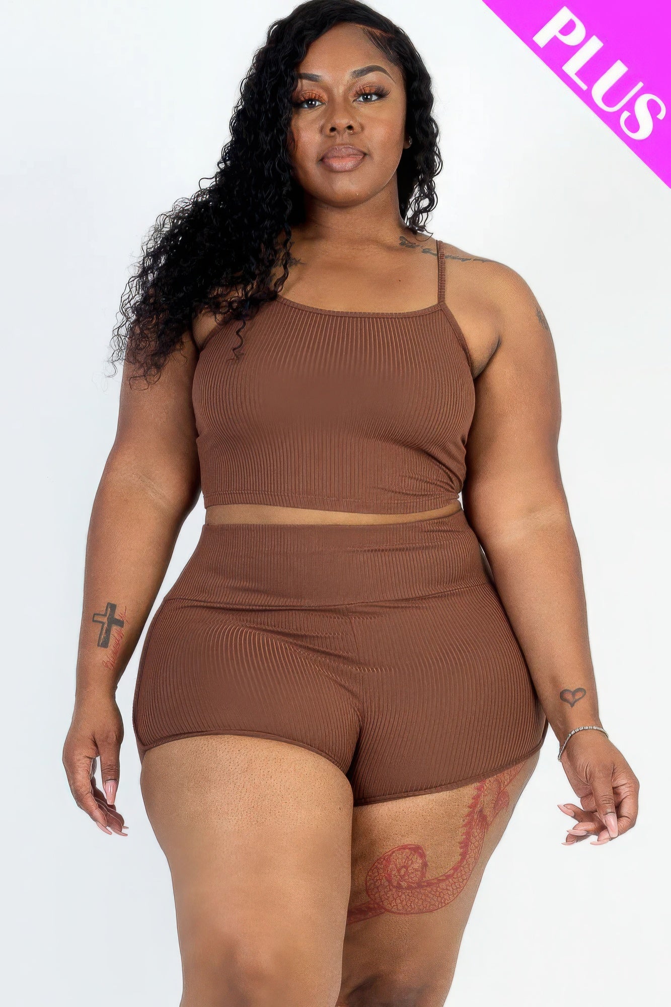 Plus Size Ribbed Cami Crop Top Set