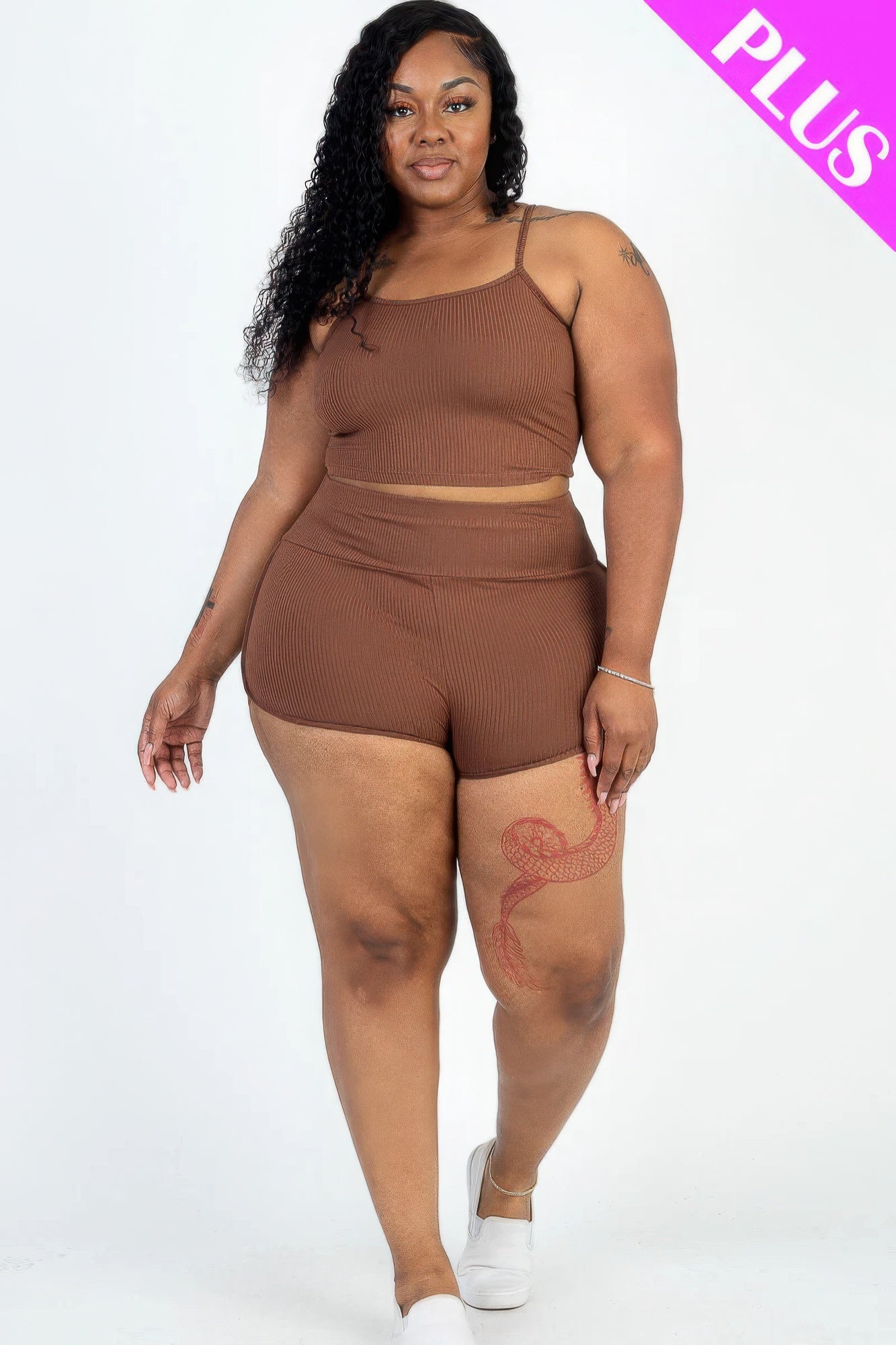 Plus Size Ribbed Cami Crop Top Set