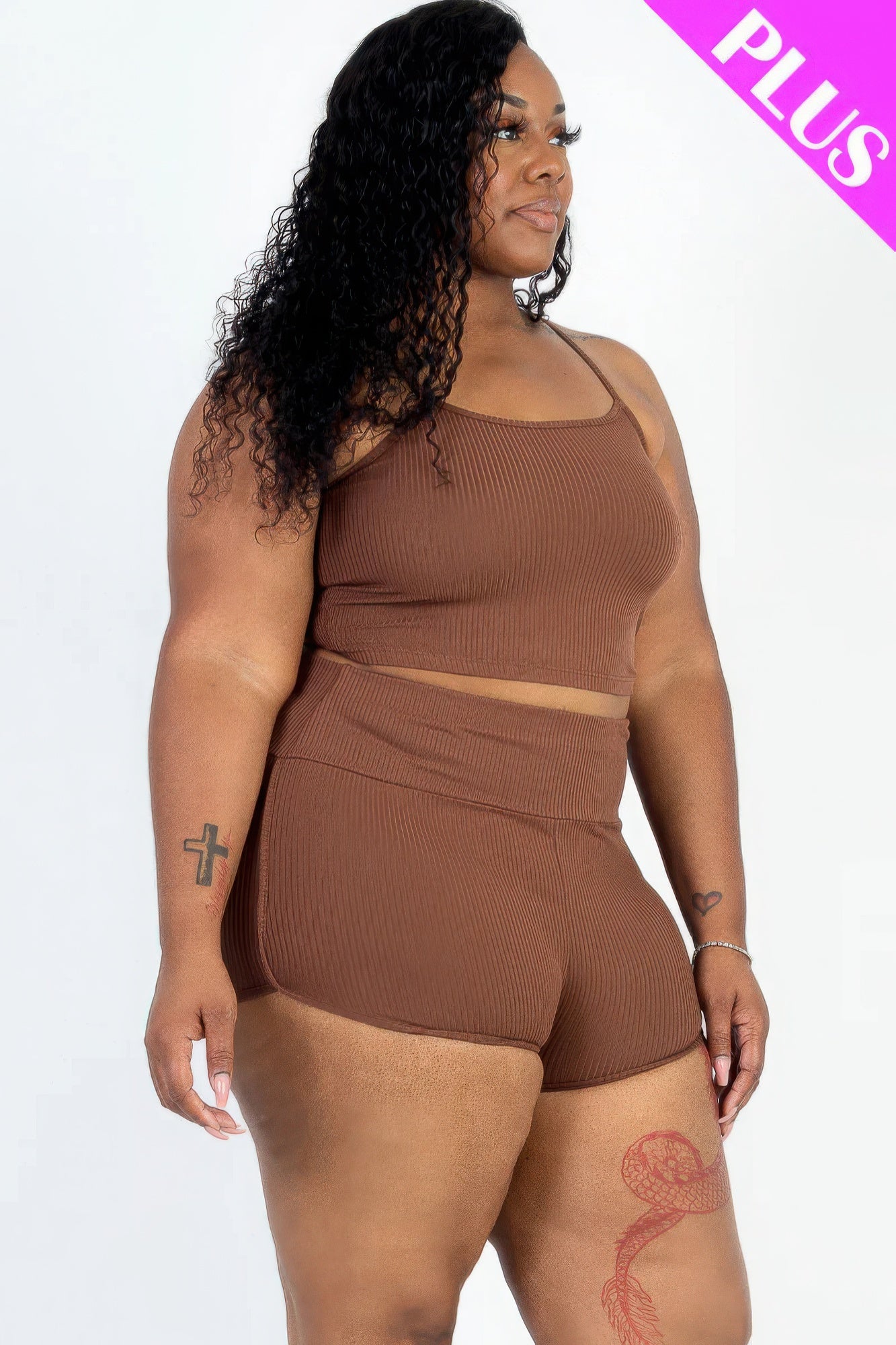 Plus Size Ribbed Cami Crop Top Set