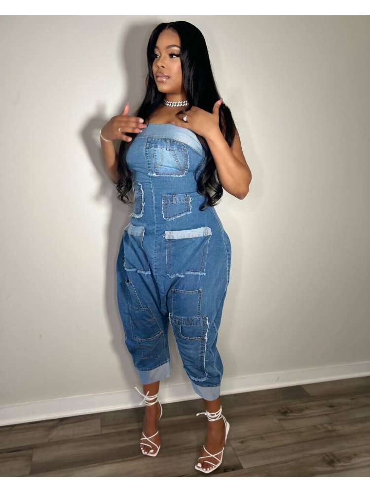 Denim Multi Pocket Strapless Jumpsuit