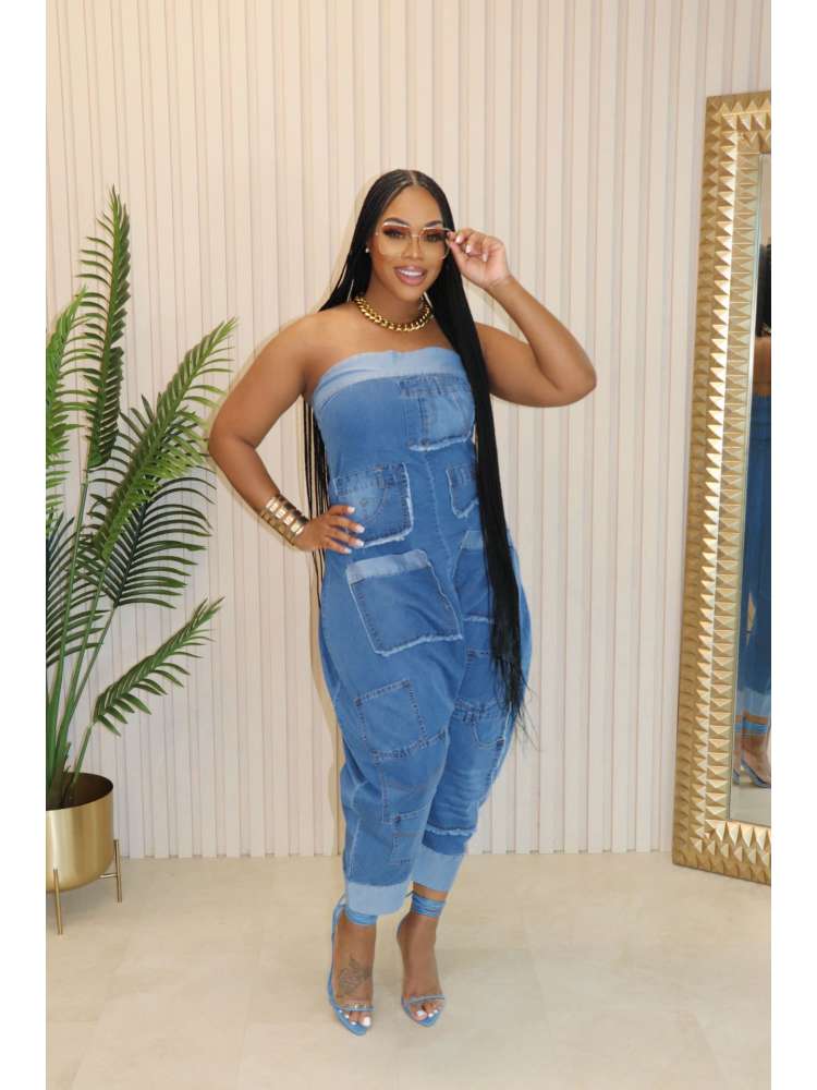 Denim Multi Pocket Strapless Jumpsuit