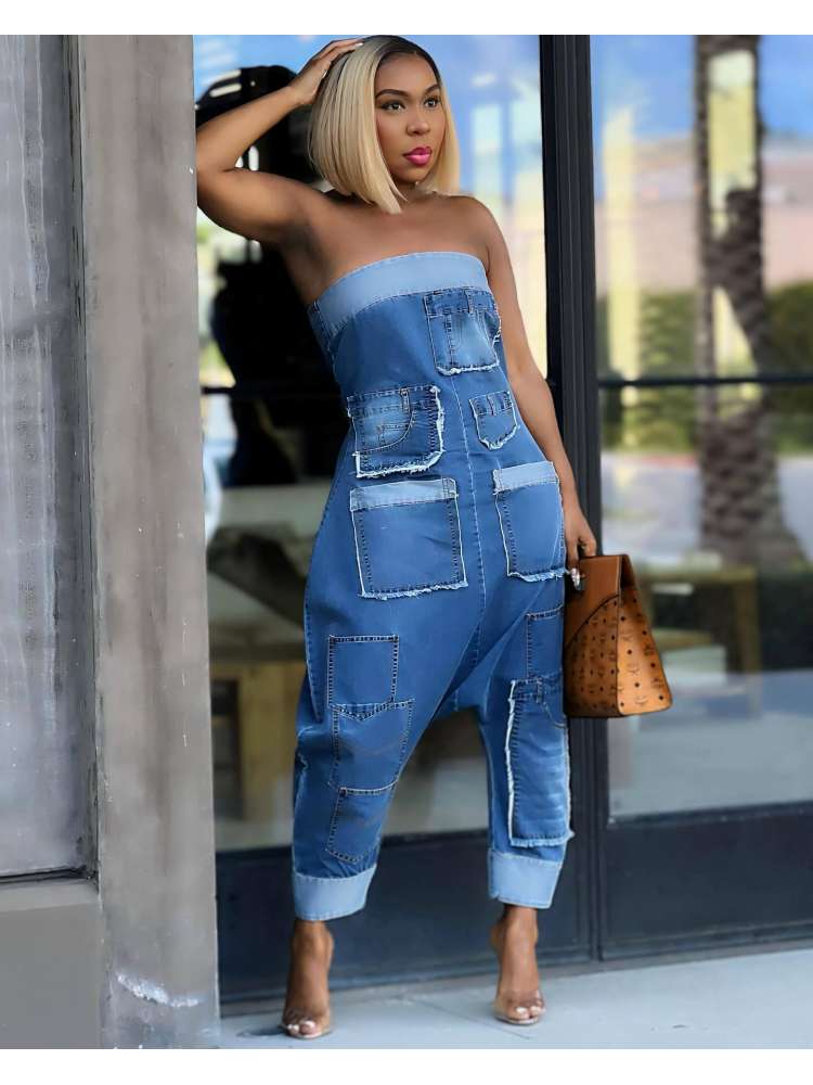 Denim Multi Pocket Strapless Jumpsuit