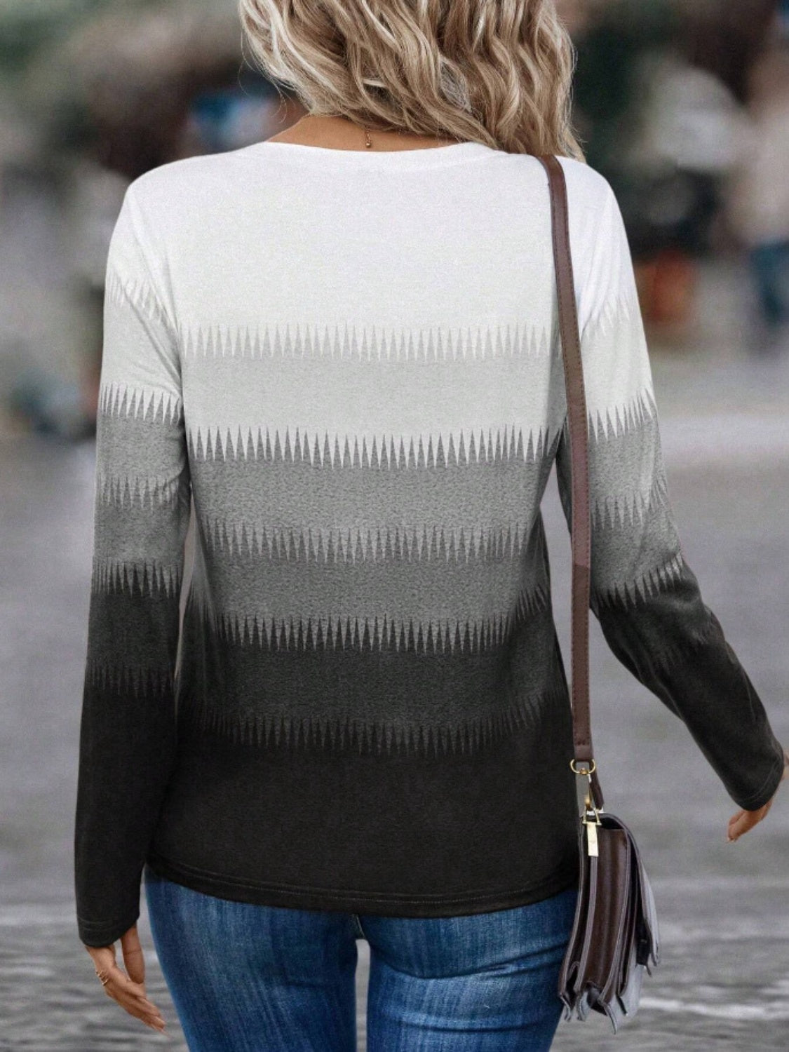 Decorative Button Contrast Round Neck Long Sleeve Top
