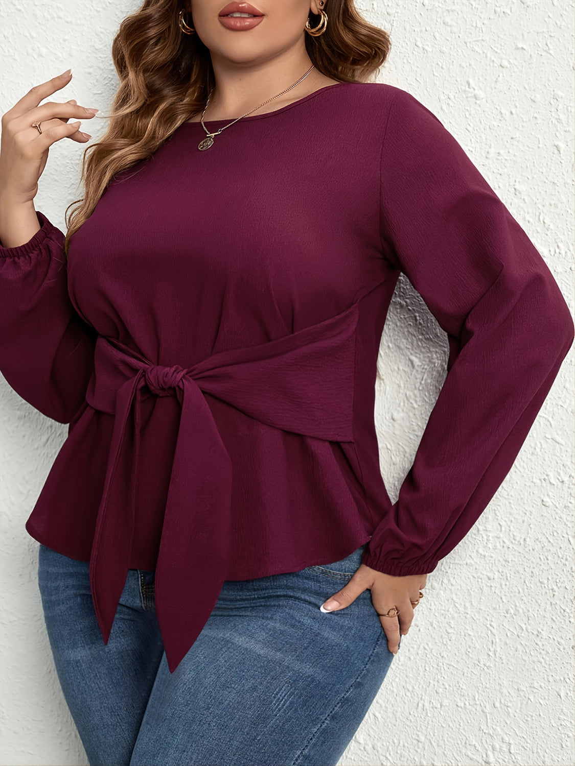 Plus Size Front Tie Long Sleeve Top
