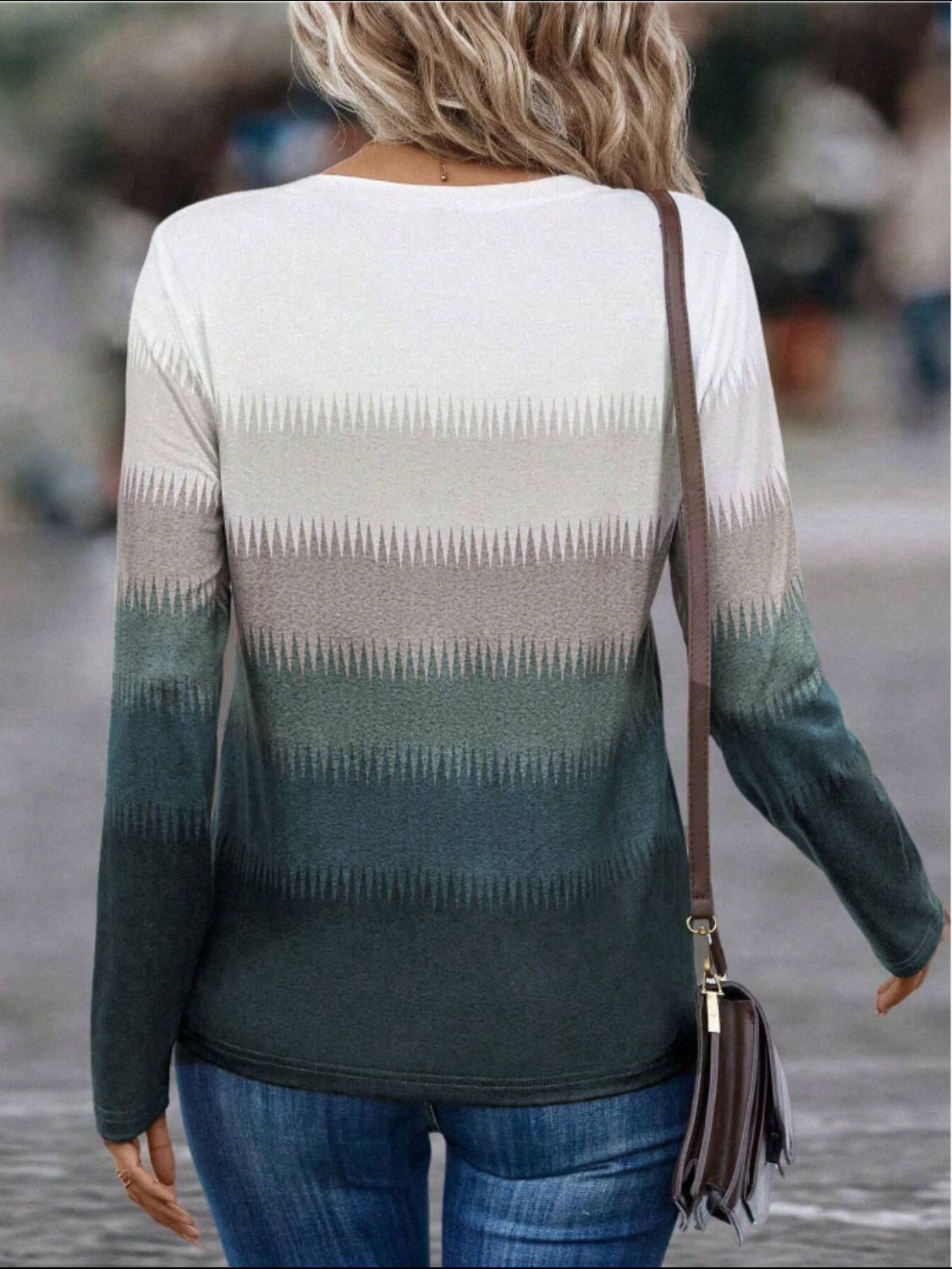 Decorative Button Contrast Round Neck Long Sleeve Top