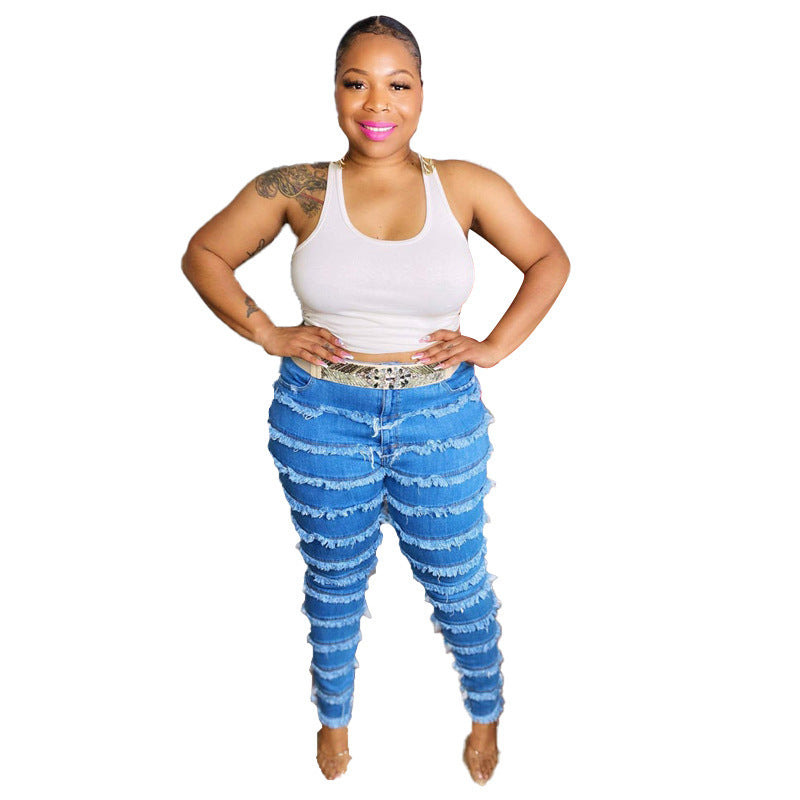 Plus Sized Fringed Stretched Jeans